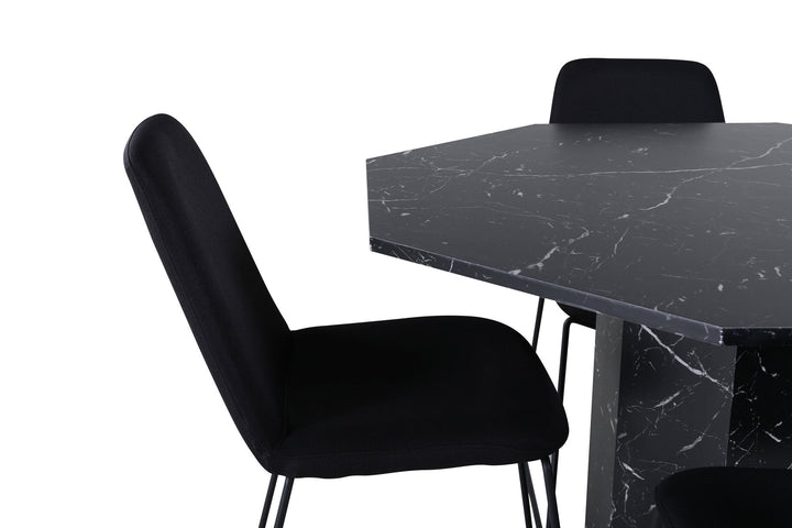 Venture Home Marbs Round Dining Table , Black Black Glass Marble+Muce Dining Chair , Black Legs , Black Fabric_4