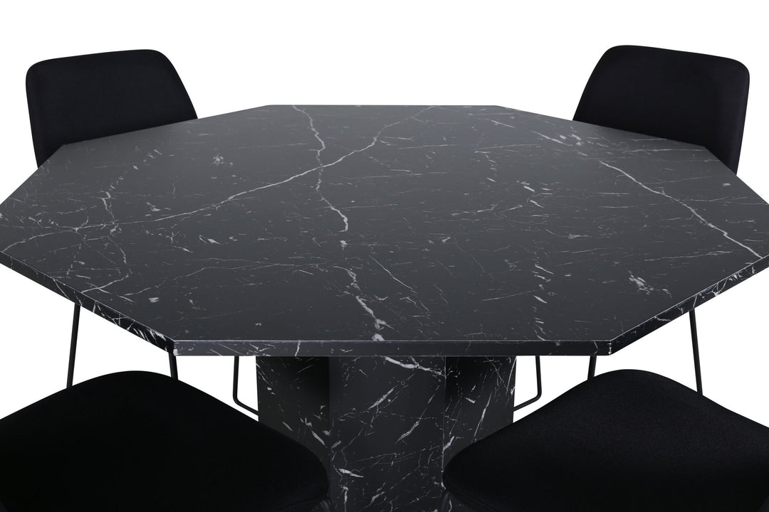 Venture Home Marbs Round Dining Table , Black Black Glass Marble+Muce Dining Chair , Black Legs , Black Fabric_4