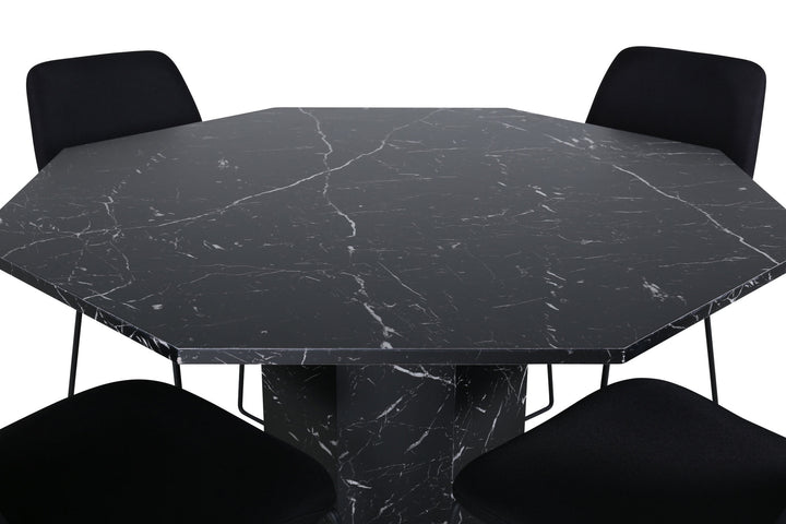 Venture Home Marbs Round Dining Table , Black Black Glass Marble+Muce Dining Chair , Black Legs , Black Fabric_4