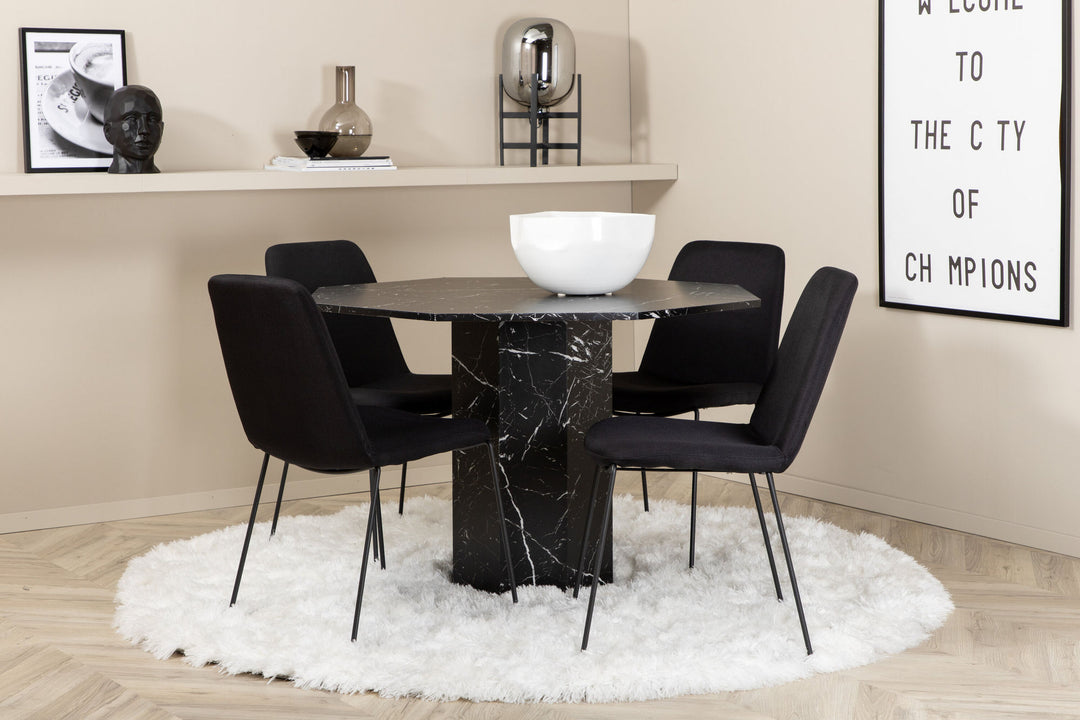Venture Home Marbs Round Dining Table , Black Black Glass Marble+Muce Dining Chair , Black Legs , Black Fabric_4