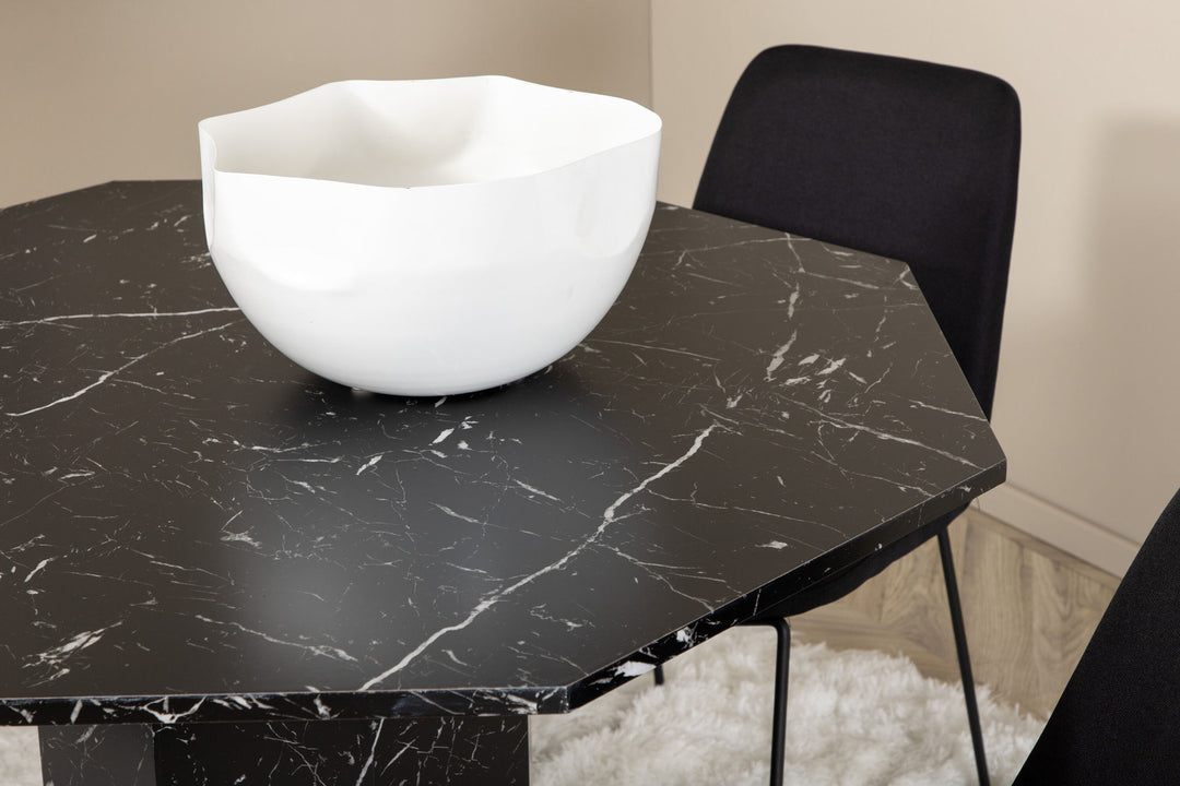 Venture Home Marbs Round Dining Table , Black Black Glass Marble+Muce Dining Chair , Black Legs , Black Fabric_4
