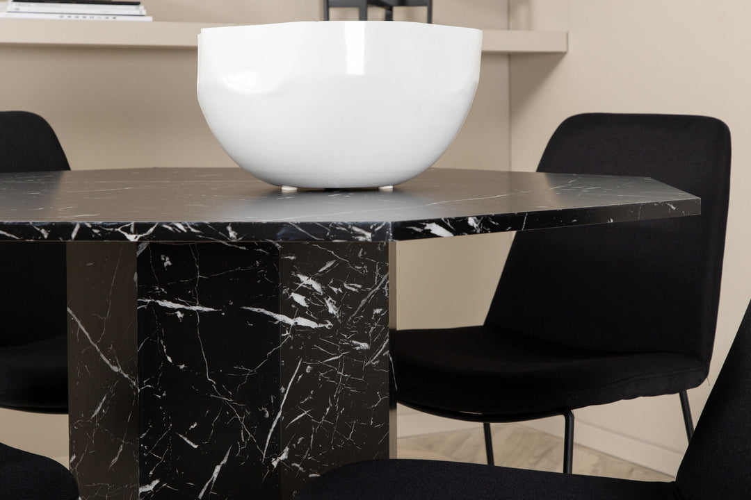 Venture Home Marbs Round Dining Table , Black Black Glass Marble+Muce Dining Chair , Black Legs , Black Fabric_4