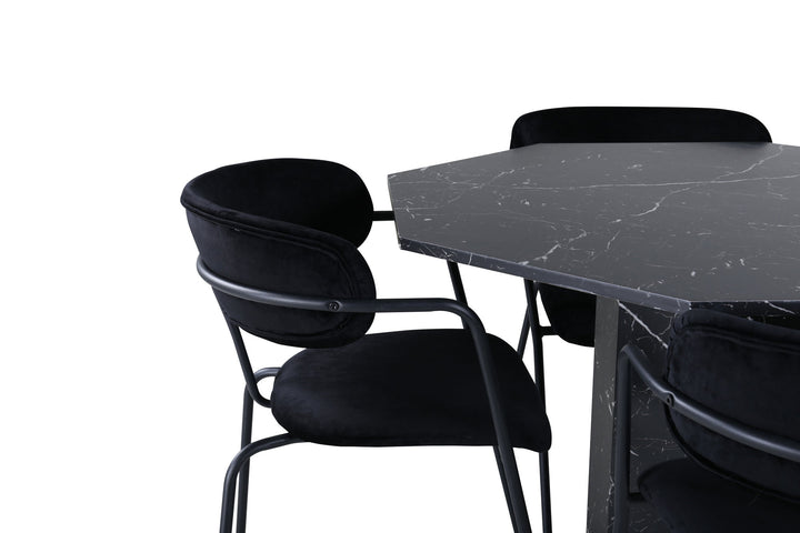 Venture Home Marbs Round Dining Table , Black Black Glass Marble+Arrow armchair , Black Legs , Black Velvet_4