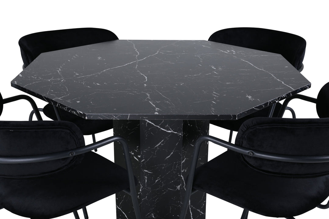Venture Home Marbs Round Dining Table , Black Black Glass Marble+Arrow armchair , Black Legs , Black Velvet_4