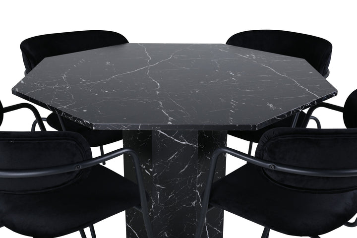 Venture Home Marbs Round Dining Table , Black Black Glass Marble+Arrow armchair , Black Legs , Black Velvet_4