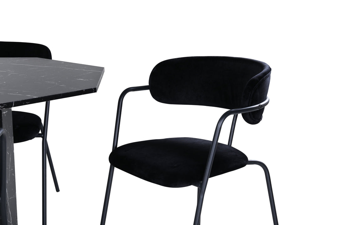 Venture Home Marbs Round Dining Table , Black Black Glass Marble+Arrow armchair , Black Legs , Black Velvet_4