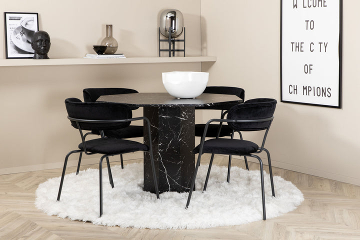 Venture Home Marbs Round Dining Table , Black Black Glass Marble+Arrow armchair , Black Legs , Black Velvet_4