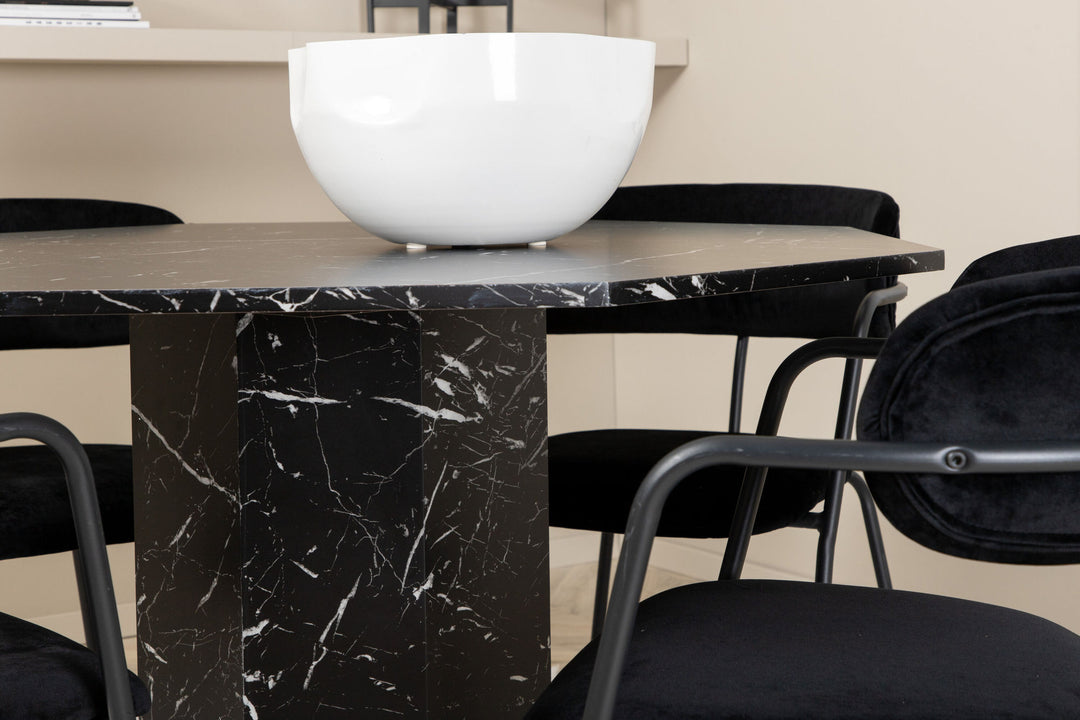 Venture Home Marbs Round Dining Table , Black Black Glass Marble+Arrow armchair , Black Legs , Black Velvet_4
