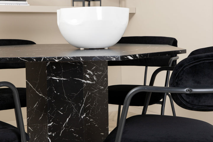 Venture Home Marbs Round Dining Table , Black Black Glass Marble+Arrow armchair , Black Legs , Black Velvet_4