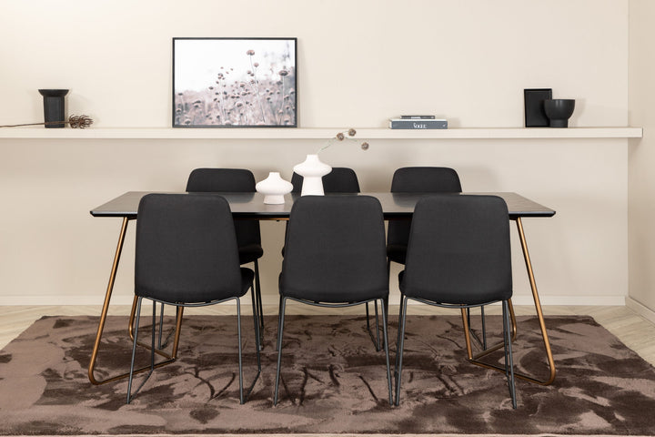 Venture Home Petra Dining Table , Distressed Copper Black Veneer+Muce Dining Chair , Black Legs , Black Fabric_6