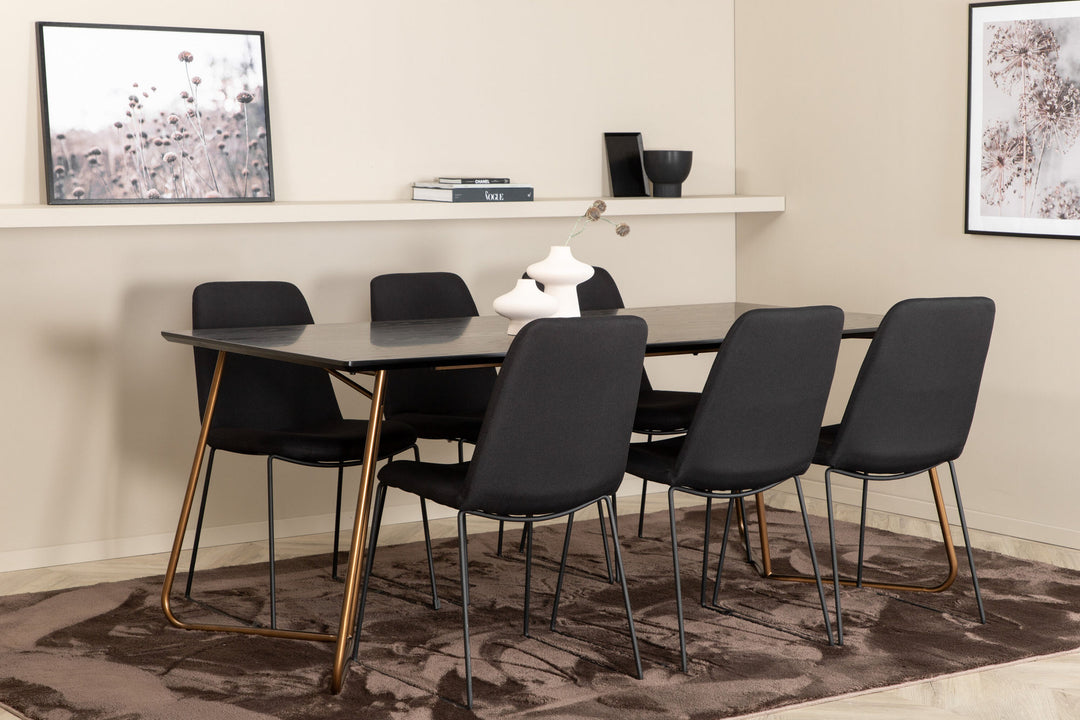 Venture Home Petra Dining Table , Distressed Copper Black Veneer+Muce Dining Chair , Black Legs , Black Fabric_6
