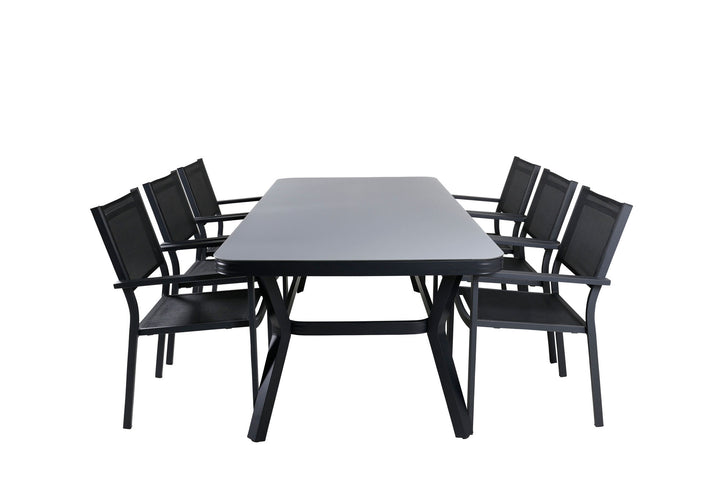 Venture Home Virya Dining Table - Black Alu / Grey Glass - big table+Copacabana Stacking Chair - Black/Black_6