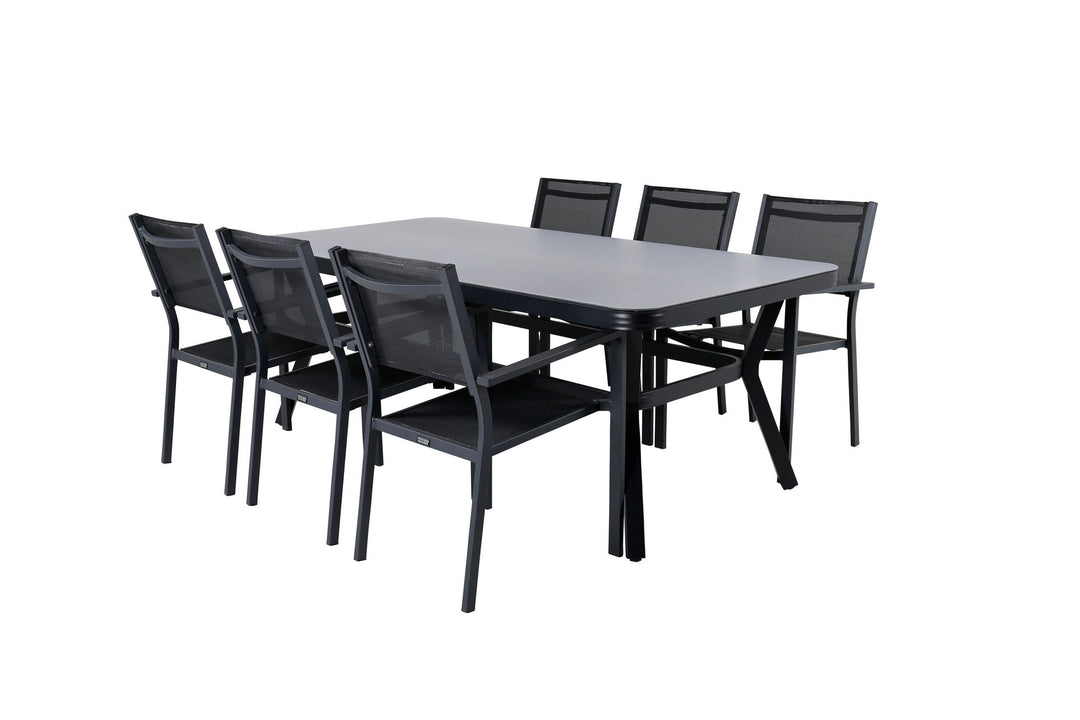 Venture Home Virya Dining Table - Black Alu / Grey Glass - big table+Copacabana Stacking Chair - Black/Black_6