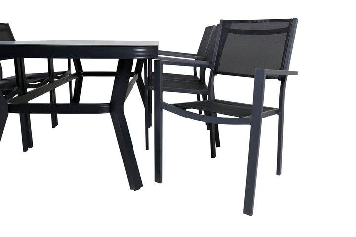 Venture Home Virya Dining Table - Black Alu / Grey Glass - big table+Copacabana Stacking Chair - Black/Black_6