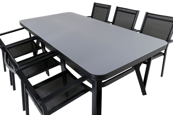 Venture Home Virya Dining Table - Black Alu / Grey Glass - big table+Copacabana Stacking Chair - Black/Black_6