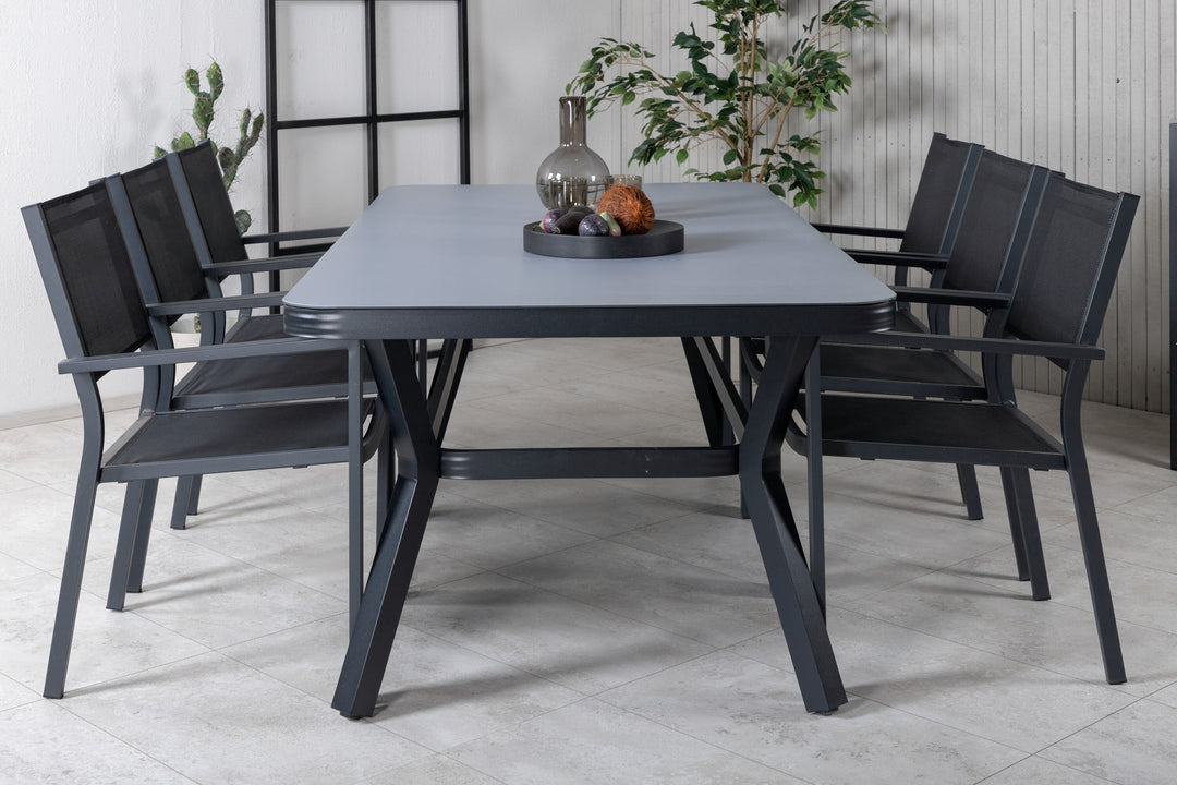 Venture Home Virya Dining Table - Black Alu / Grey Glass - big table+Copacabana Stacking Chair - Black/Black_6