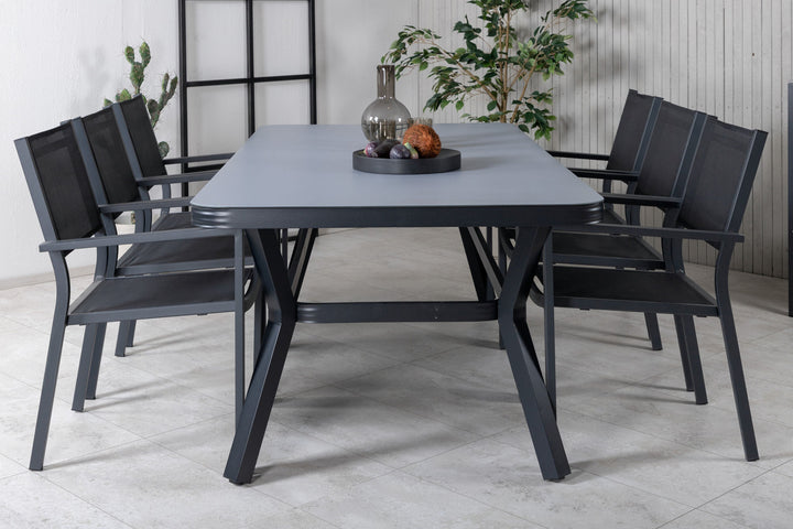Venture Home Virya Dining Table - Black Alu / Grey Glass - big table+Copacabana Stacking Chair - Black/Black_6