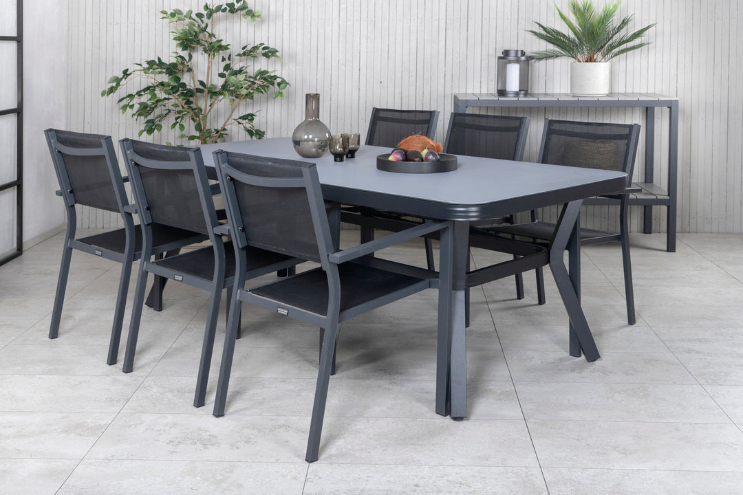 Venture Home Virya Dining Table - Black Alu / Grey Glass - big table+Copacabana Stacking Chair - Black/Black_6
