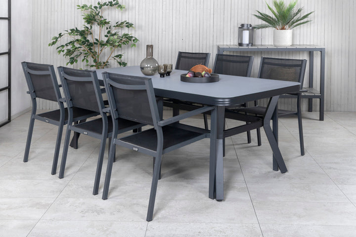Venture Home Virya Dining Table - Black Alu / Grey Glass - big table+Copacabana Stacking Chair - Black/Black_6