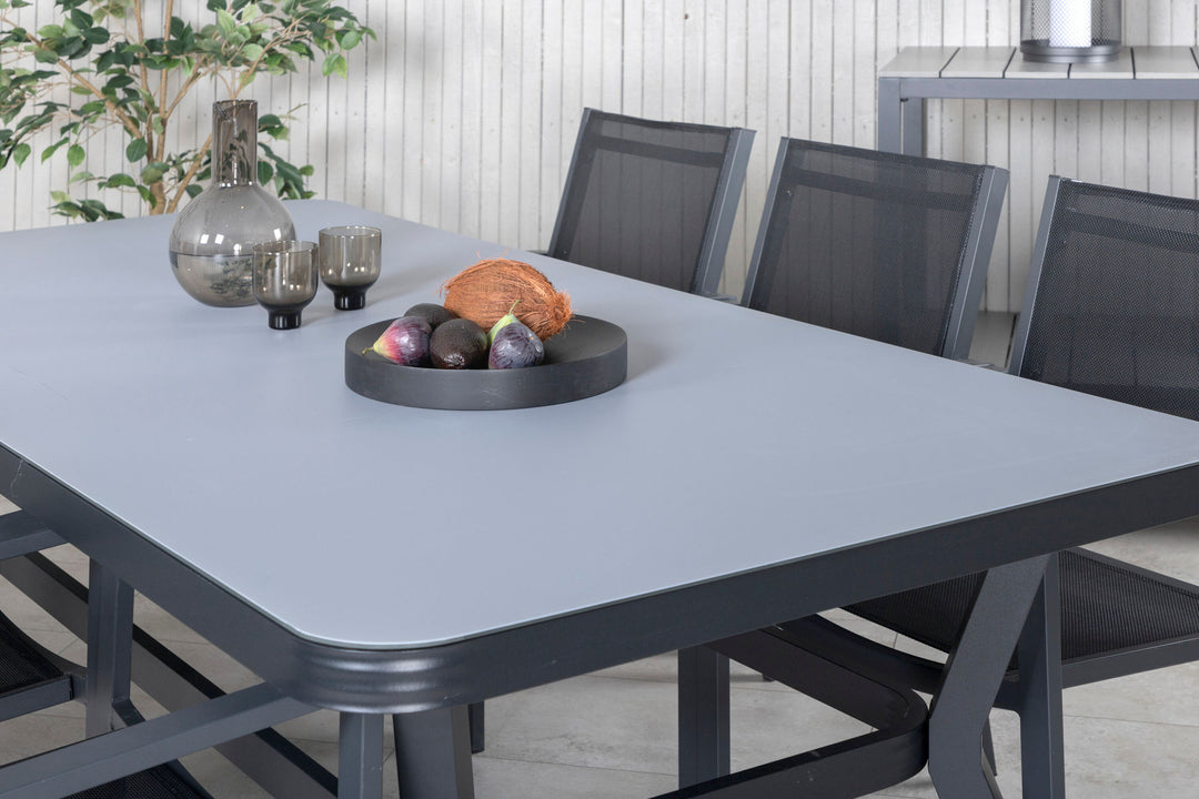 Venture Home Virya Dining Table - Black Alu / Grey Glass - big table+Copacabana Stacking Chair - Black/Black_6