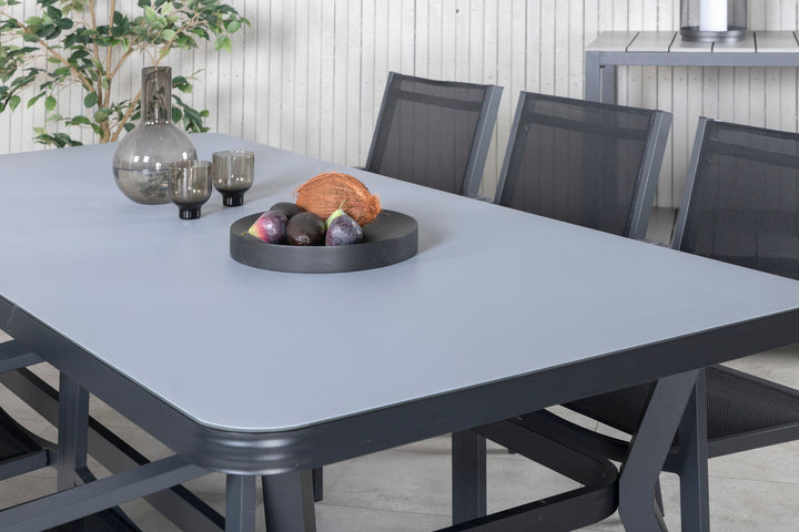 Venture Home Virya Dining Table - Black Alu / Grey Glass - big table+Copacabana Stacking Chair - Black/Black_6