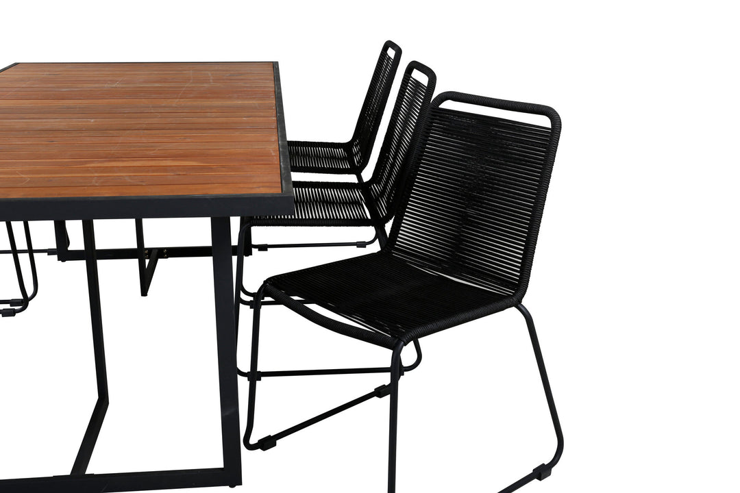 Venture Home Khung Dining Table - Black Steel / Acacia (teklook) - 200*100cm+Lindos Stacking Chair - Black Alu / Black Rope_6