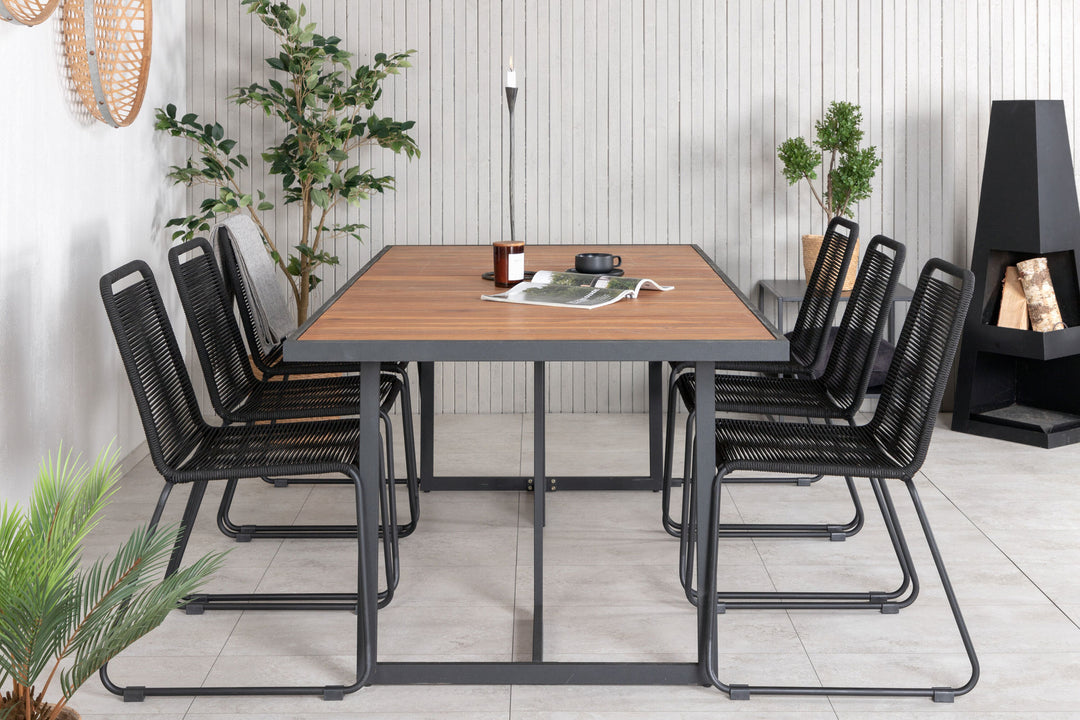 Venture Home Khung Dining Table - Black Steel / Acacia (teklook) - 200*100cm+Lindos Stacking Chair - Black Alu / Black Rope_6