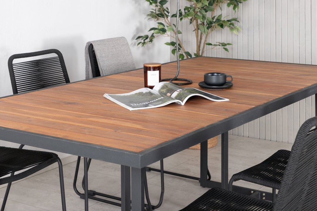 Venture Home Khung Dining Table - Black Steel / Acacia (teklook) - 200*100cm+Lindos Stacking Chair - Black Alu / Black Rope_6