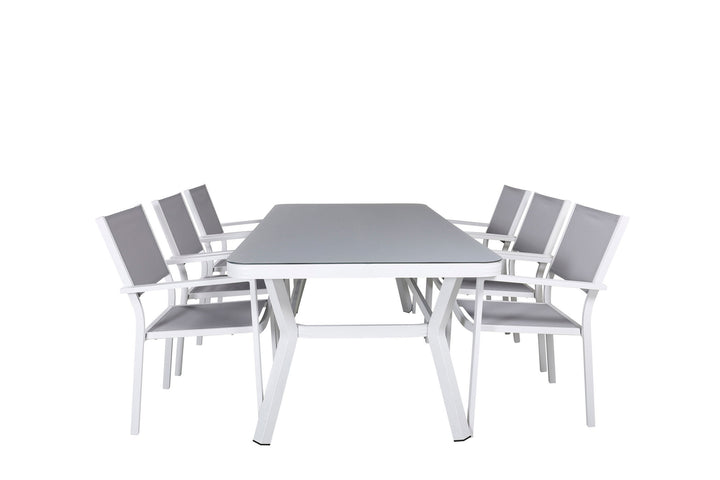 Venture Home Virya Dining Table - White Alu / Grey Glass - big table+Copacabana Stacking Chair - White/Grey_6