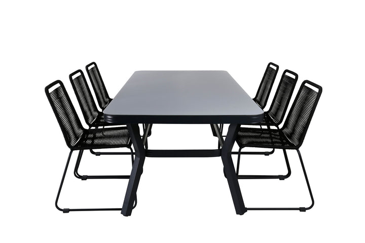 Venture Home Virya Dining Table - Black Alu / Grey Glass - big table+Lindos Stacking Chair - Black Alu / Black Rope_6