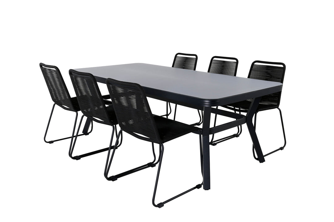 Venture Home Virya Dining Table - Black Alu / Grey Glass - big table+Lindos Stacking Chair - Black Alu / Black Rope_6
