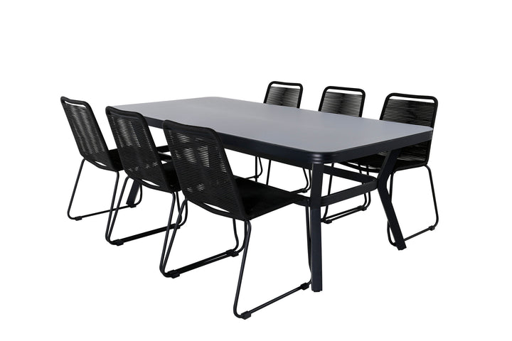 Venture Home Virya Dining Table - Black Alu / Grey Glass - big table+Lindos Stacking Chair - Black Alu / Black Rope_6