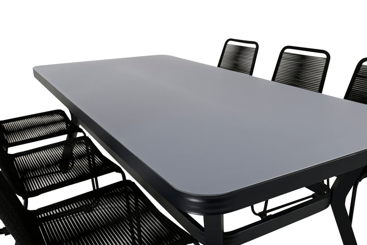 Venture Home Virya Dining Table - Black Alu / Grey Glass - big table+Lindos Stacking Chair - Black Alu / Black Rope_6