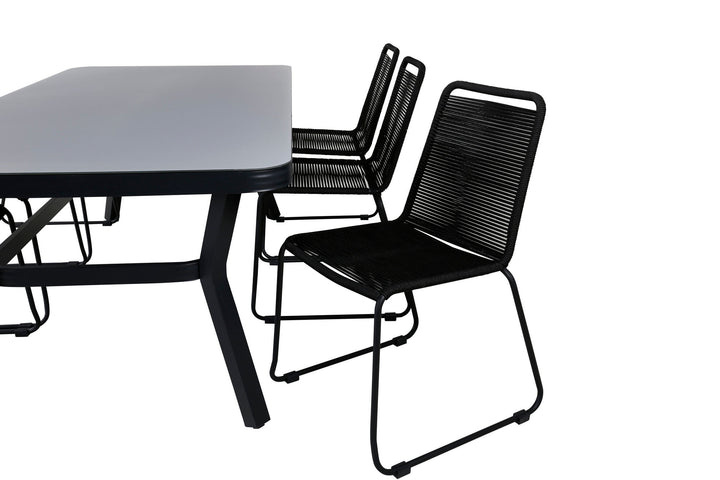 Venture Home Virya Dining Table - Black Alu / Grey Glass - big table+Lindos Stacking Chair - Black Alu / Black Rope_6