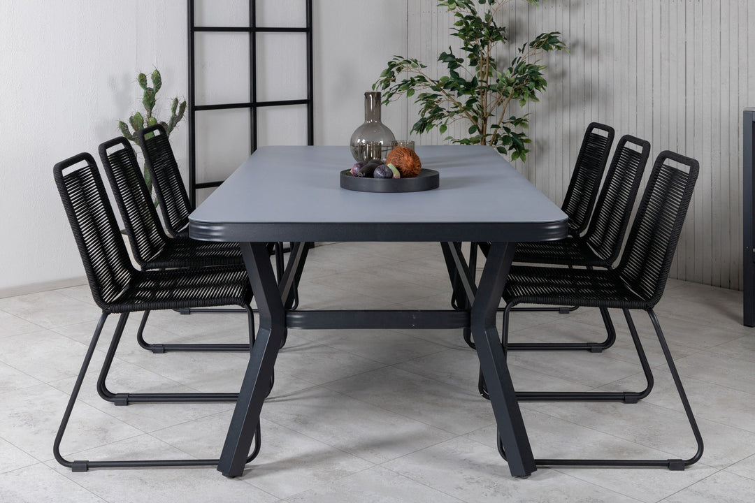 Venture Home Virya Dining Table - Black Alu / Grey Glass - big table+Lindos Stacking Chair - Black Alu / Black Rope_6