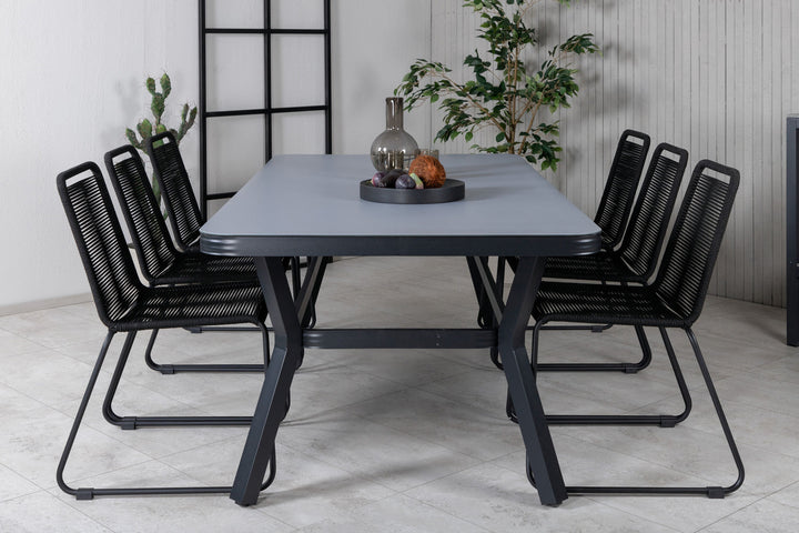 Venture Home Virya Dining Table - Black Alu / Grey Glass - big table+Lindos Stacking Chair - Black Alu / Black Rope_6