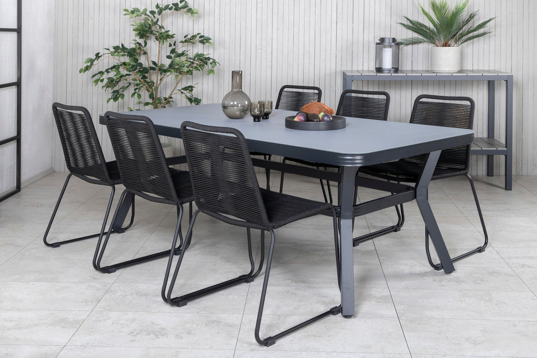 Venture Home Virya Dining Table - Black Alu / Grey Glass - big table+Lindos Stacking Chair - Black Alu / Black Rope_6