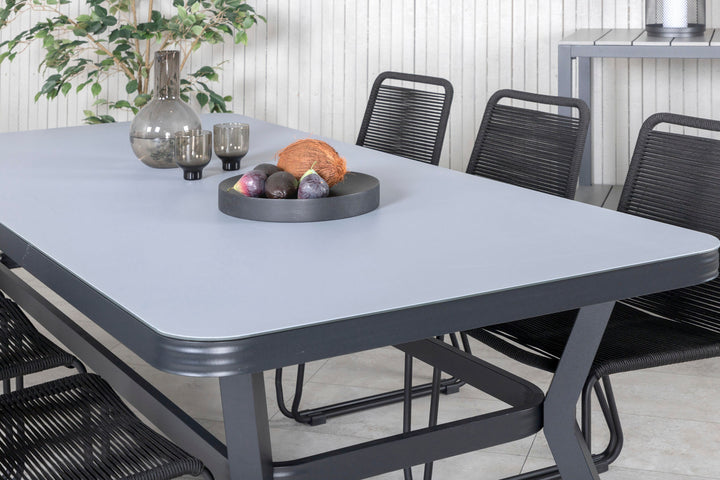 Venture Home Virya Dining Table - Black Alu / Grey Glass - big table+Lindos Stacking Chair - Black Alu / Black Rope_6
