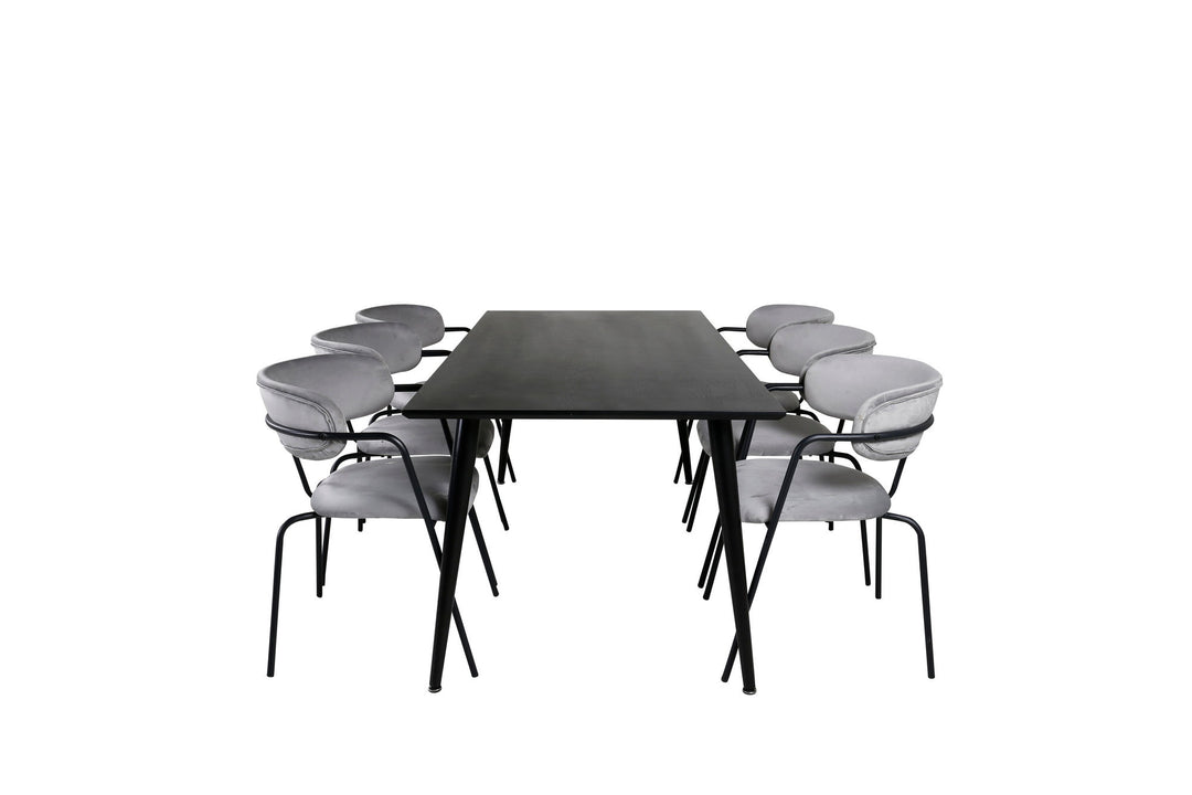 Venture Home Dipp Dining Table - 180*90cm - Black Veneer / all black legs - Arrow armchair - Black Legs - Grey Velvet 6