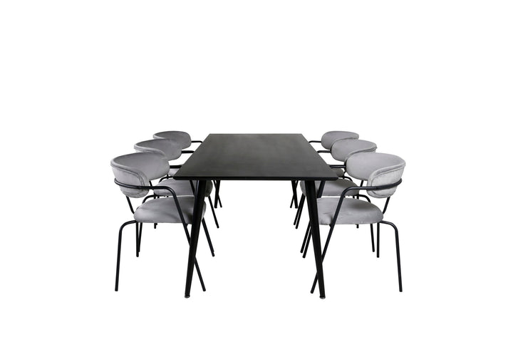 Venture Home Dipp Dining Table - 180*90cm - Black Veneer / all black legs - Arrow armchair - Black Legs - Grey Velvet 6