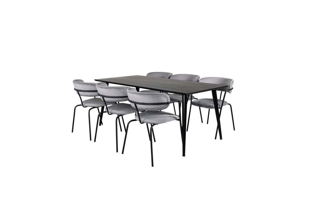Venture Home Dipp Dining Table - 180*90cm - Black Veneer / all black legs - Arrow armchair - Black Legs - Grey Velvet 6