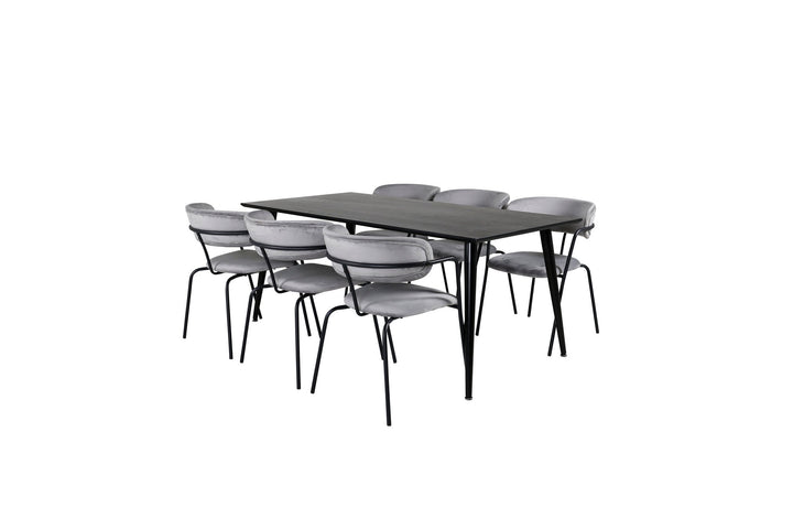 Venture Home Dipp Dining Table - 180*90cm - Black Veneer / all black legs - Arrow armchair - Black Legs - Grey Velvet 6
