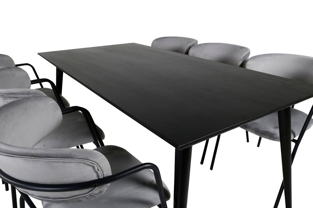 Venture Home Dipp Dining Table - 180*90cm - Black Veneer / all black legs - Arrow armchair - Black Legs - Grey Velvet 6