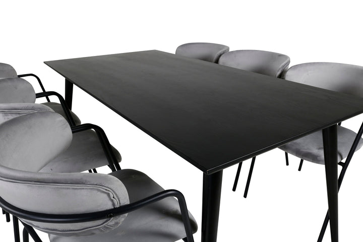 Venture Home Dipp Dining Table - 180*90cm - Black Veneer / all black legs - Arrow armchair - Black Legs - Grey Velvet 6