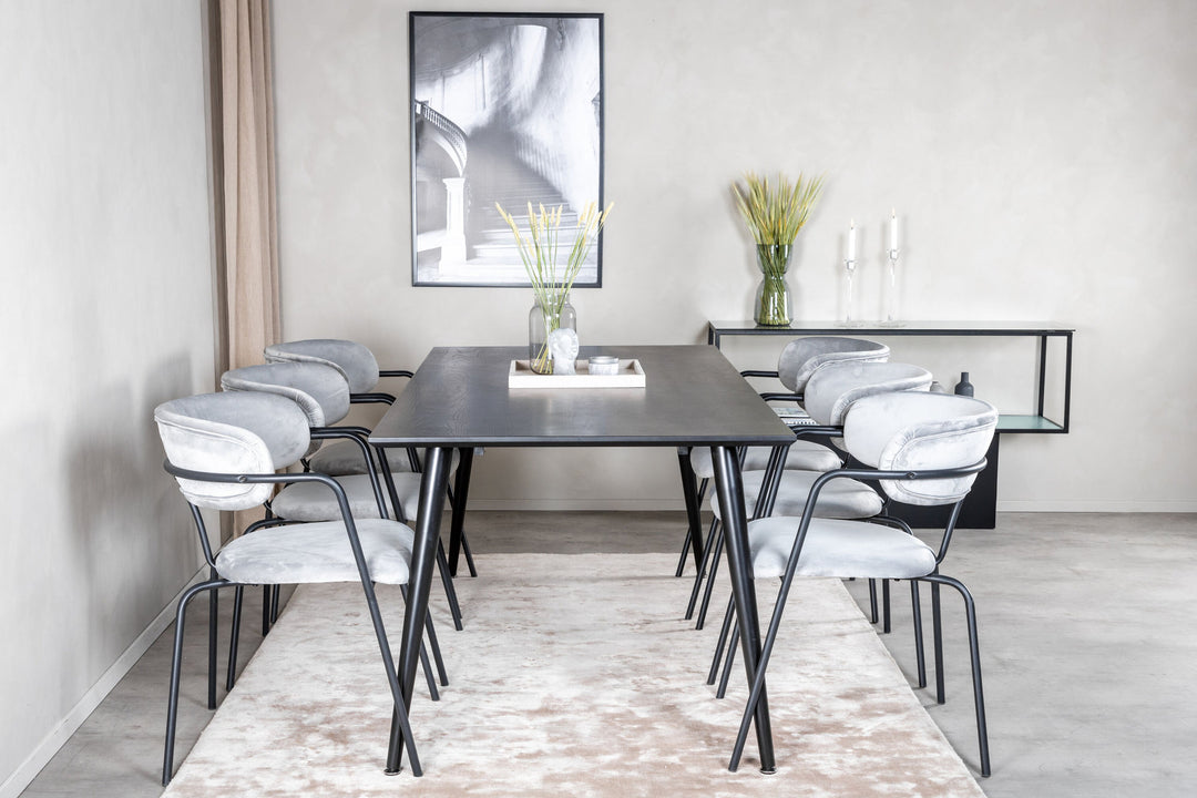 Venture Home Dipp Dining Table - 180*90cm - Black Veneer / all black legs - Arrow armchair - Black Legs - Grey Velvet 6