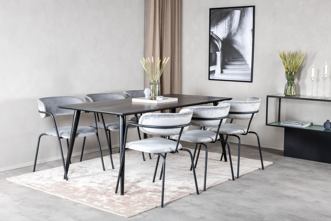 Venture Home Dipp Dining Table - 180*90cm - Black Veneer / all black legs - Arrow armchair - Black Legs - Grey Velvet 6