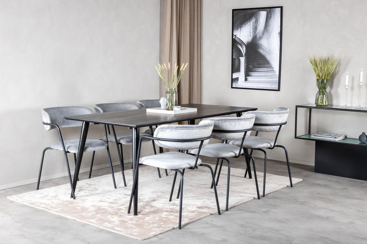Venture Home Dipp Dining Table - 180*90cm - Black Veneer / all black legs - Arrow armchair - Black Legs - Grey Velvet 6