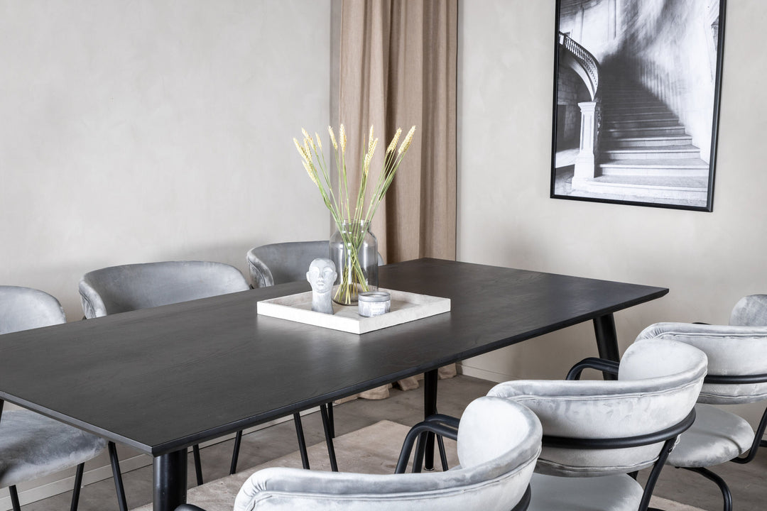 Venture Home Dipp Dining Table - 180*90cm - Black Veneer / all black legs - Arrow armchair - Black Legs - Grey Velvet 6
