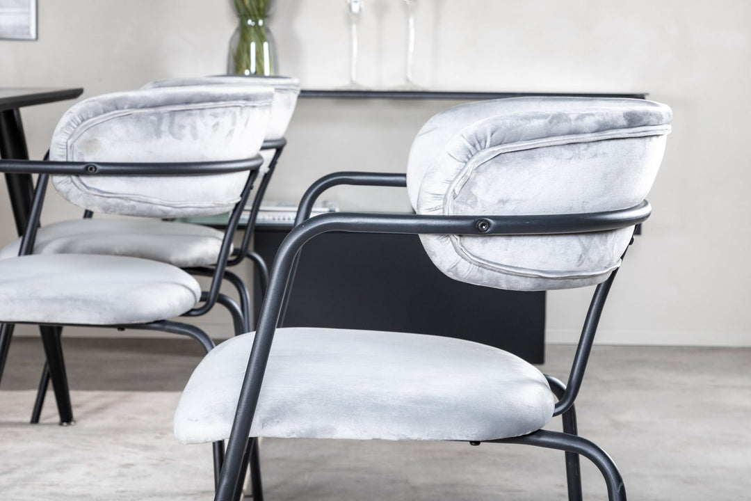 Venture Home Dipp Dining Table - 180*90cm - Black Veneer / all black legs - Arrow armchair - Black Legs - Grey Velvet 6