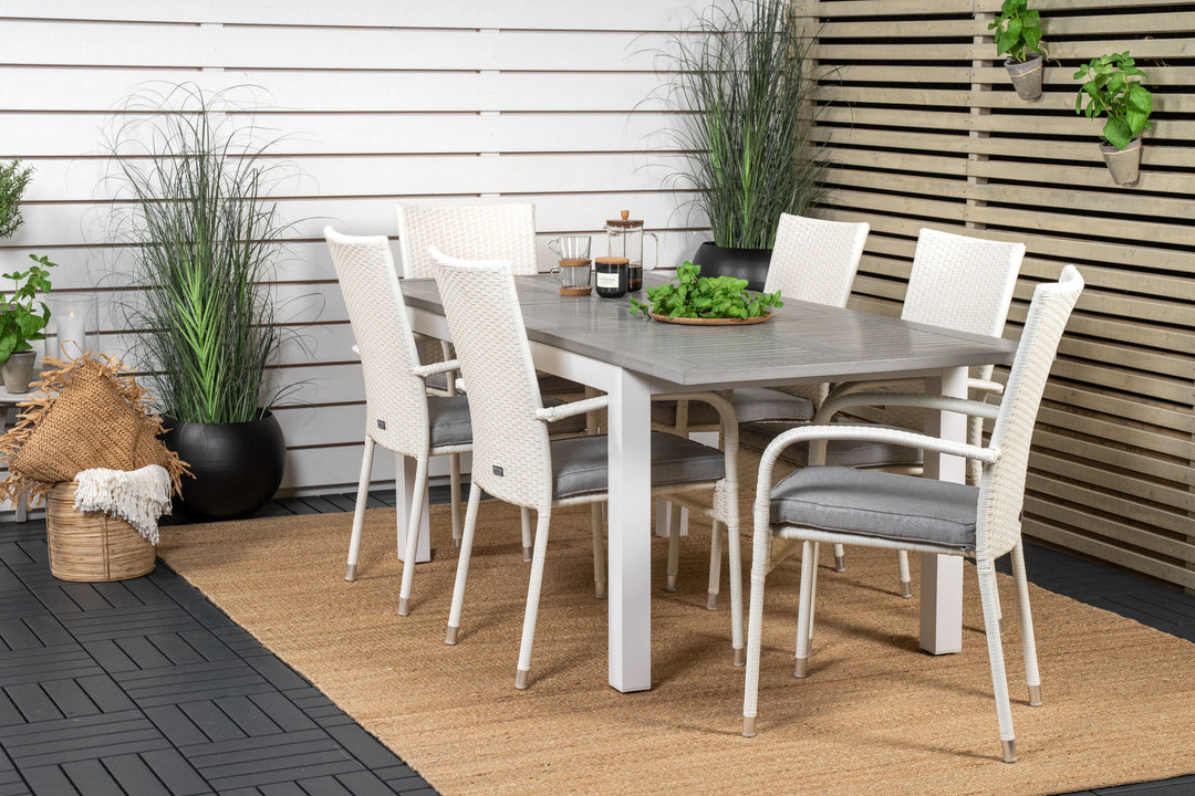 Venture Home Albany Dining Table 152/210*90 - White Alu / Grey Aintwood+Anna Arm Chair (stackable) - White_6